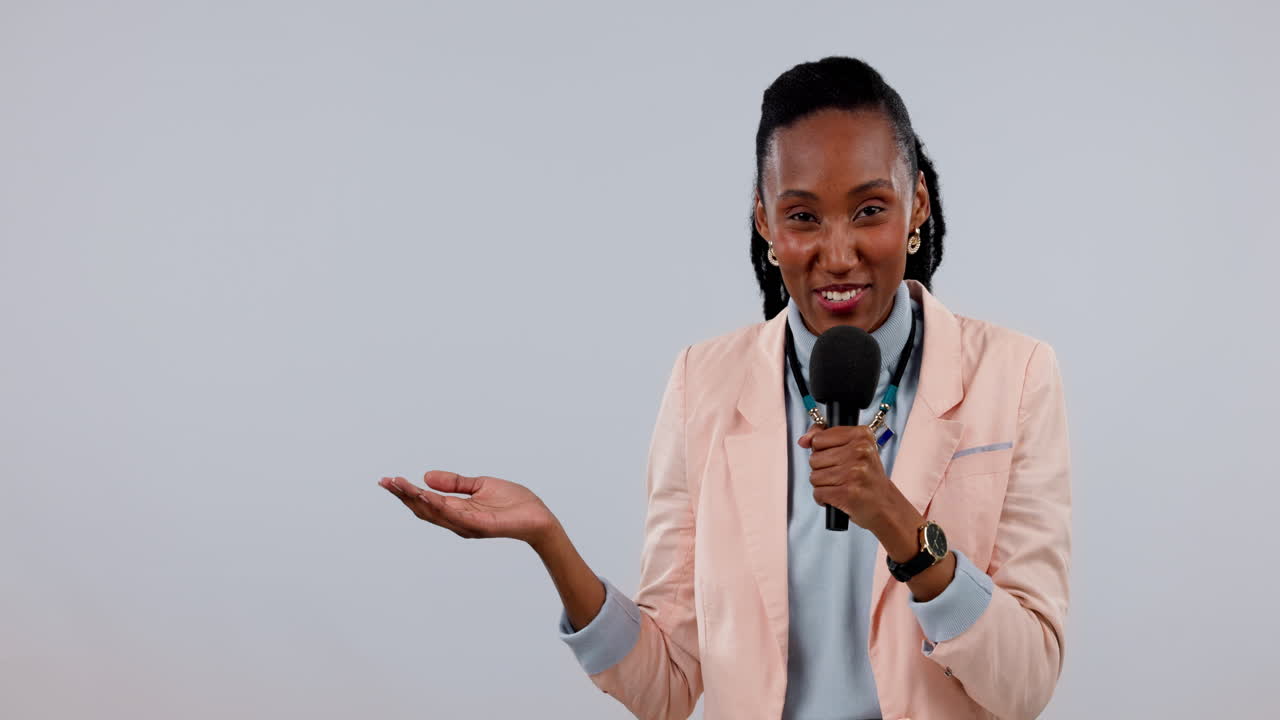 Happy black woman, microphone