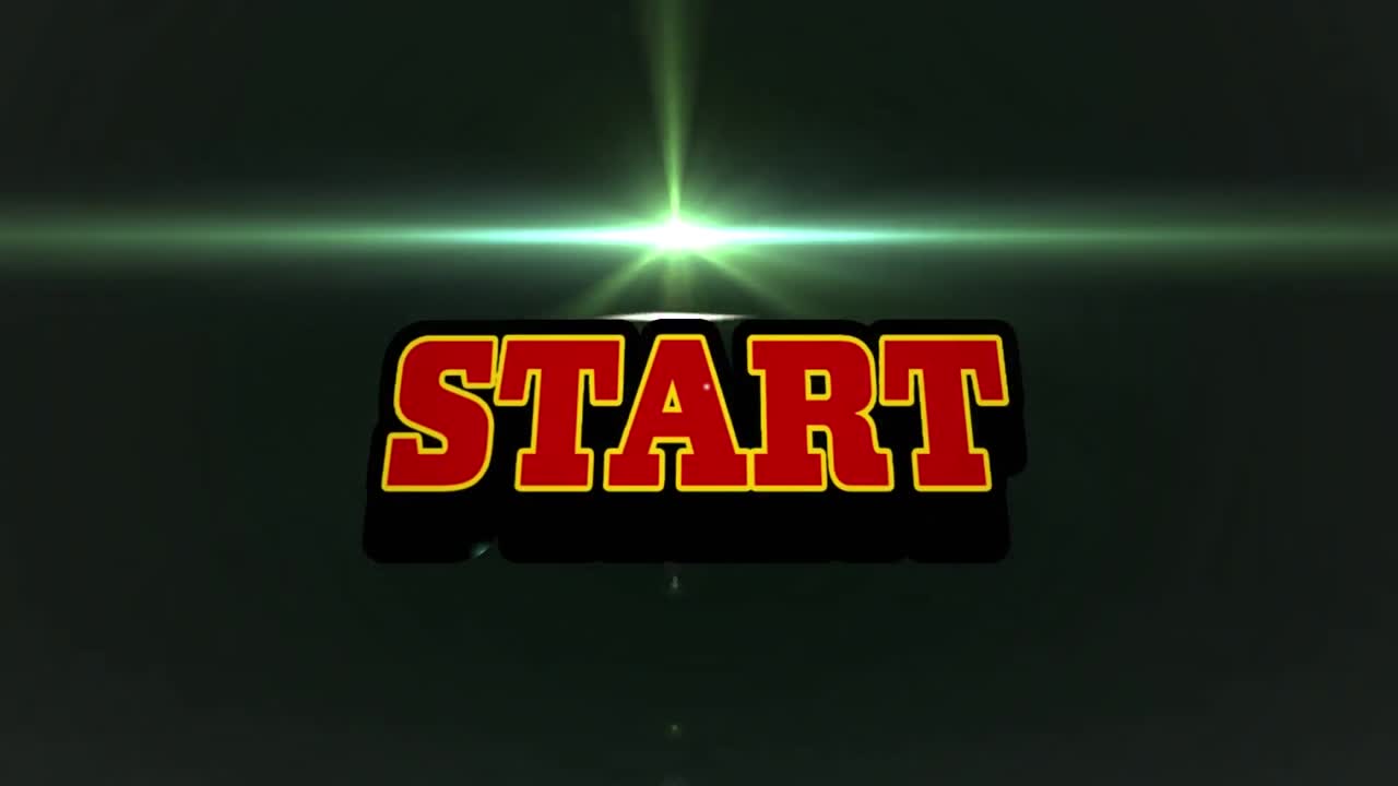 Animation of start text over blue lights and stars on black background