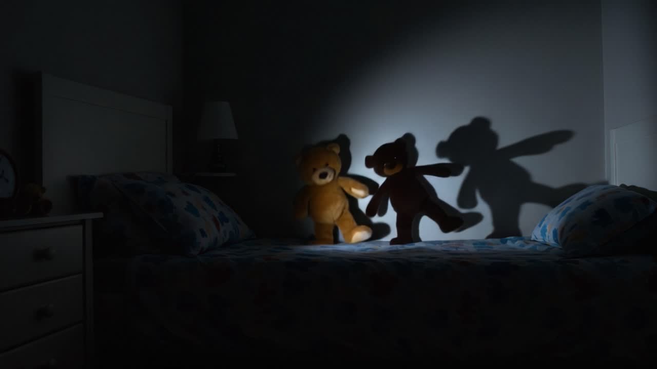 A Mysterious Night with Teddy Bears: Capturing the Enchanting Interaction of Plush Friends as Shadows Dance on the Bedroom Wall