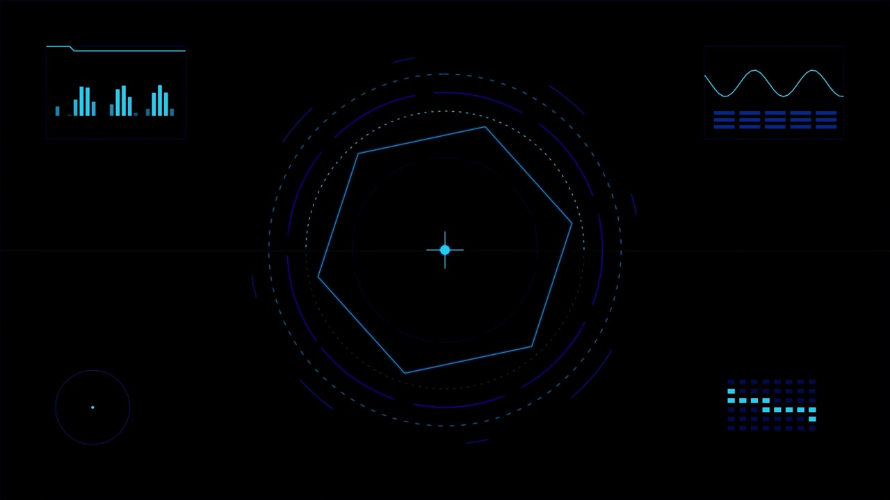 Futuristic Digital HUD Interface with Rotating Hexagon and Data Graphs
