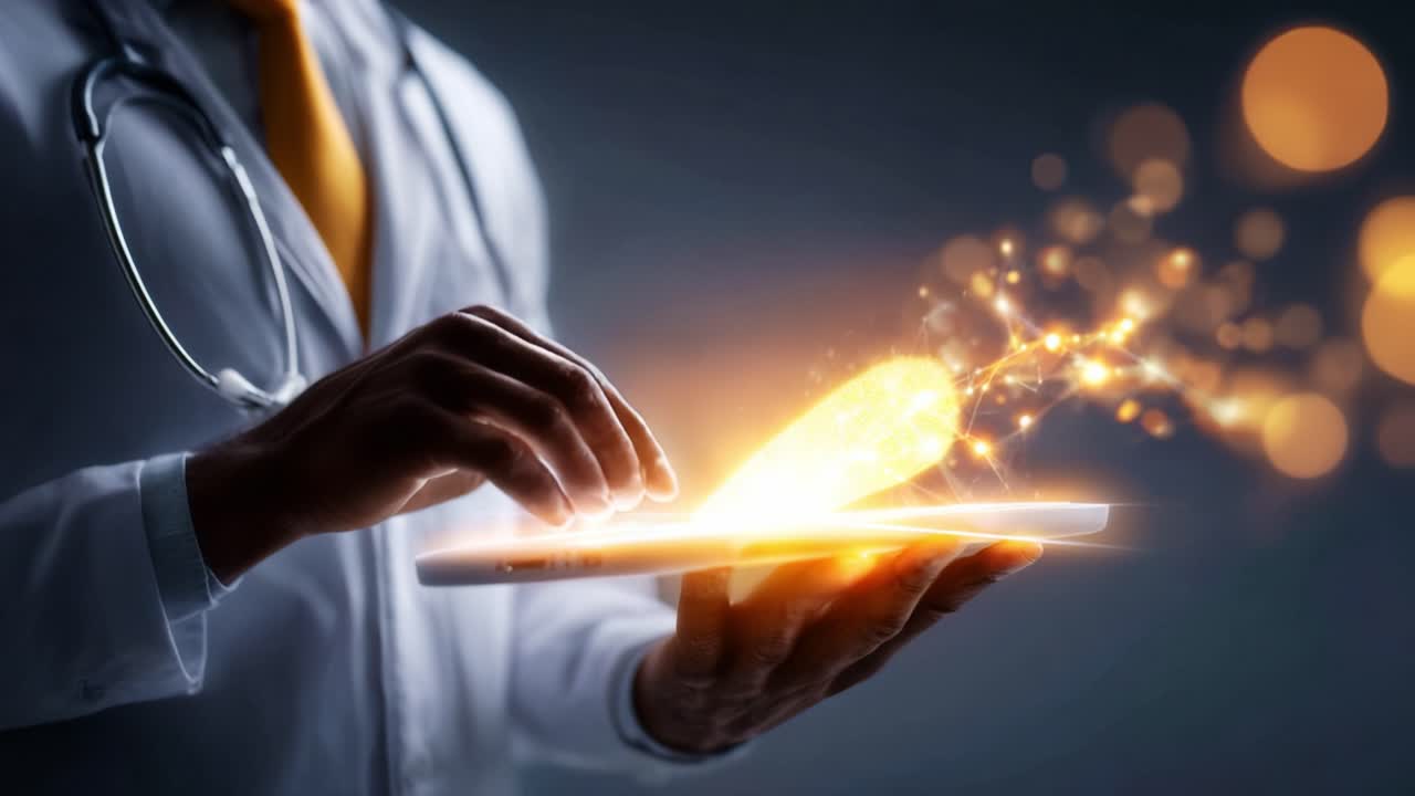 Um profissional de jaleco usando um tablet para criar efeitos digitais brilhantes, demonstrando inovação em tecnologia, saúde e medicina do futuro
