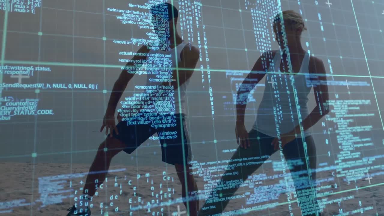 Animation of digital screen with data processing over caucasian woman and man practicing yoga