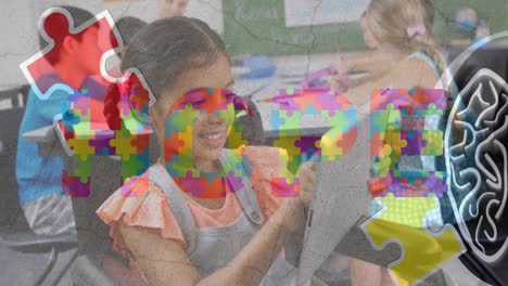 Animation-of-puzzle-over-diverse-schoolchildren