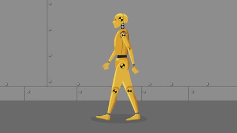 animated robot walking across a grey backdrop.