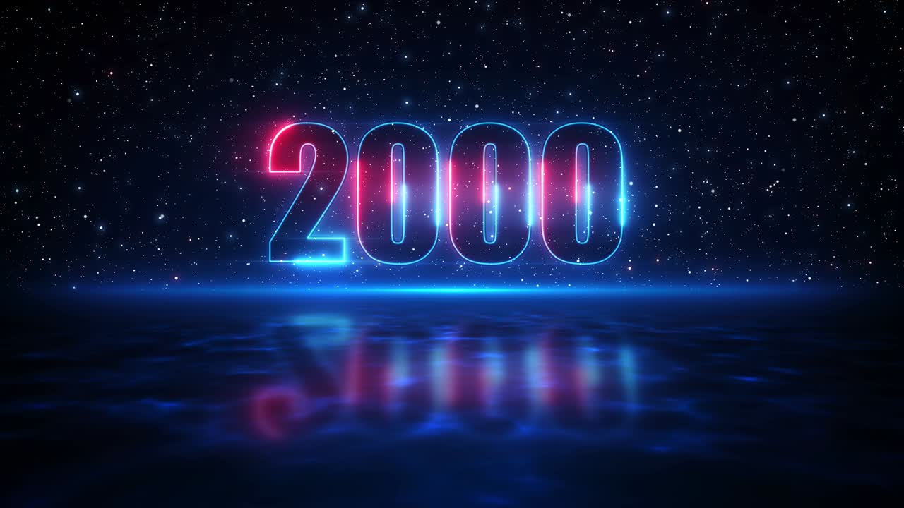movimiento futurista rojo y azul número 2000 muestra un letrero de neón en el cielo estrellado azul oscuro del espacio y el reflejo de la luz en la superficie del agua