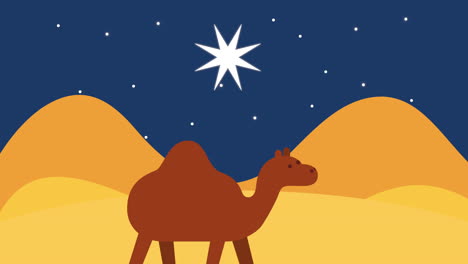 merry christmas manger scene with camel in desert