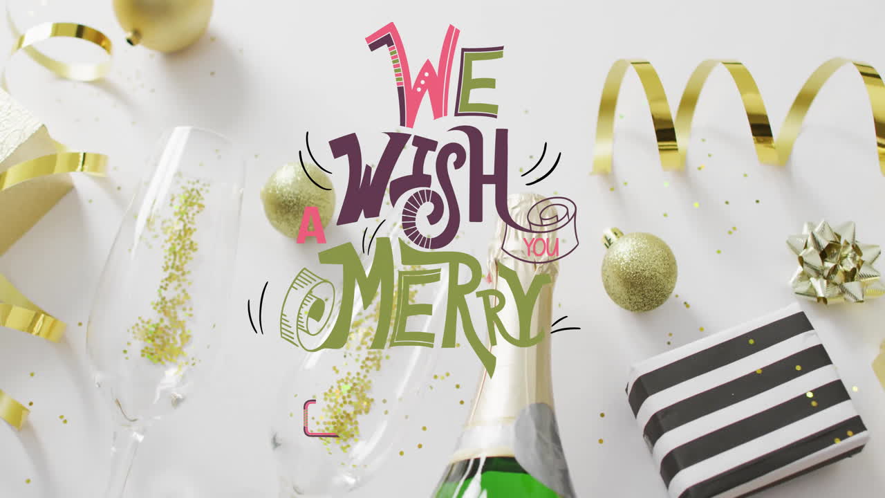 Animation of we wish you a merry christmas text over christmas decorations on white background
