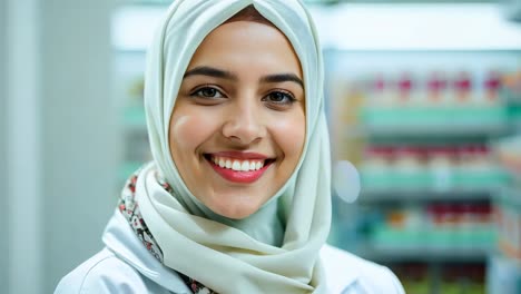a woman wearing a headscarf smiles at the camera in a pharmacy