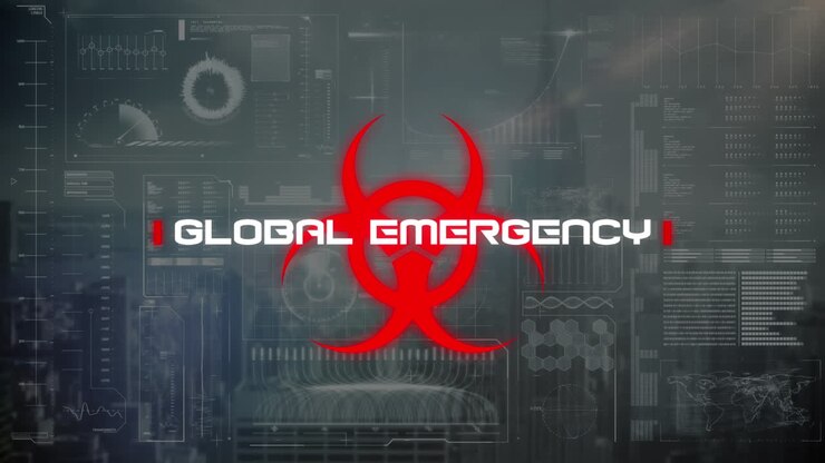 Animation of global emergency text over cityscape