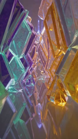 abstract crystal tunnel with purple, gold, and teal hues