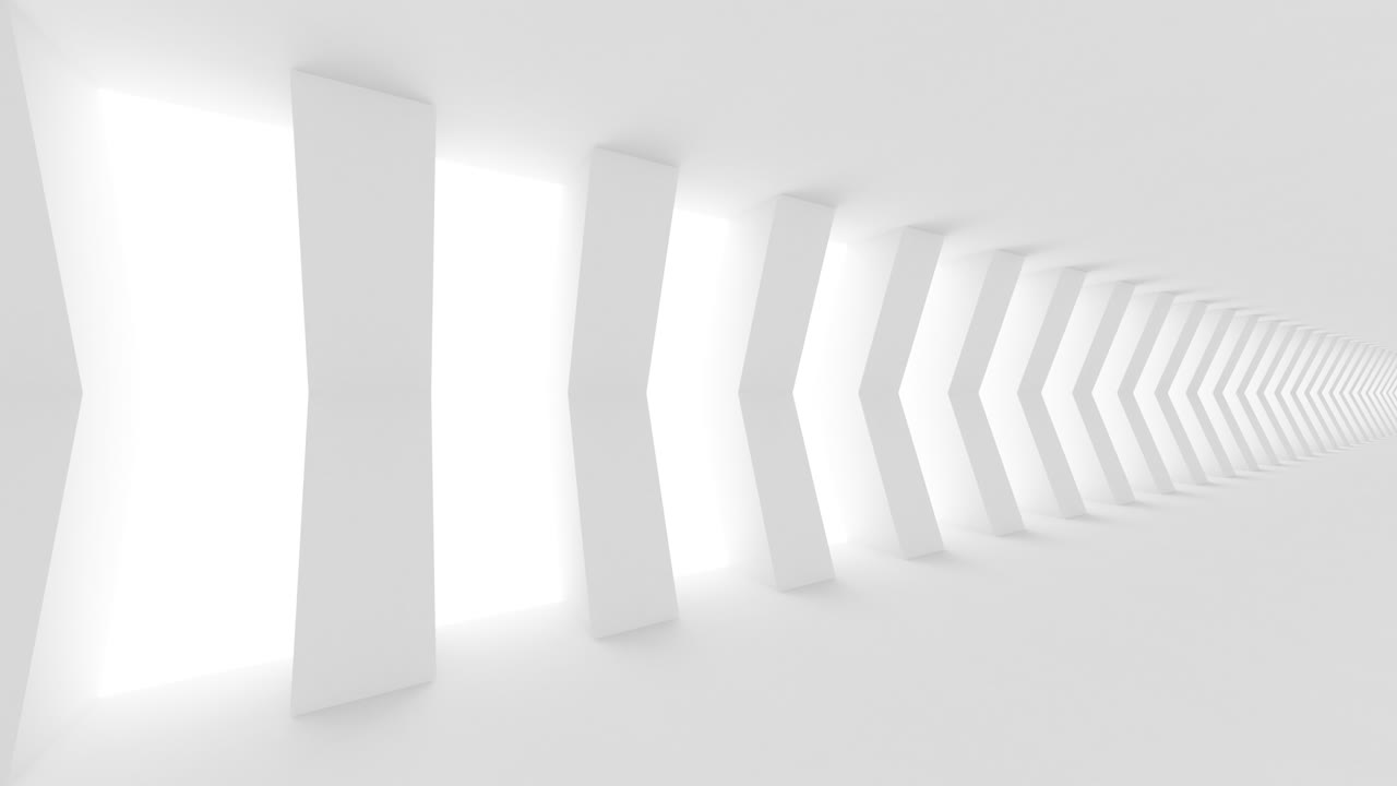 Futuristic empty white corridor with rectangular walls and bright light ...