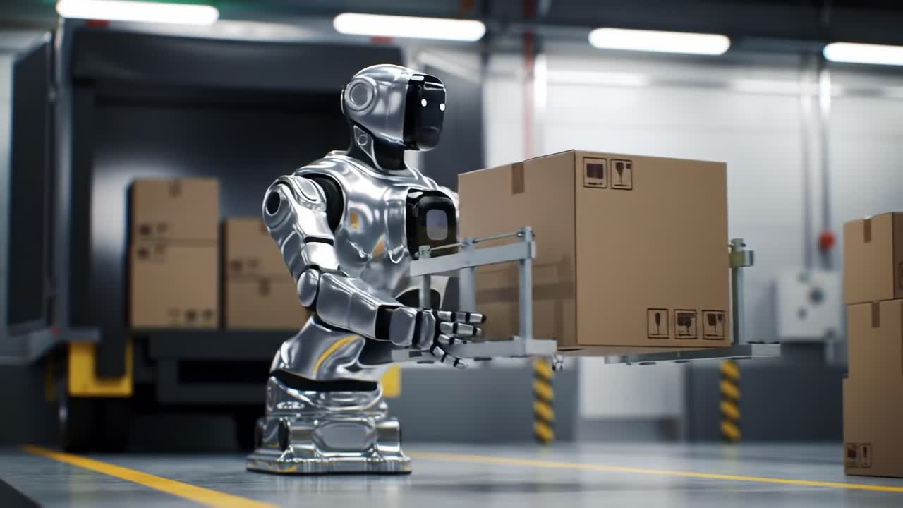 A Futuristic Warehouse Scene Featuring a Sleek, Metallic Robot Efficiently Loading Boxes into a Delivery Truck, Showcasing Advanced Automation and Robotics Technology