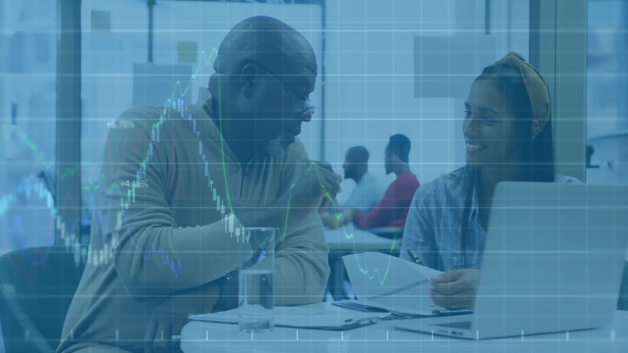 Animation of financial data processing over diverse business people in office