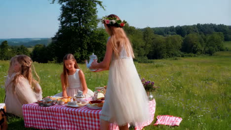 girls having a charming tea party picnic in a sunny meadow