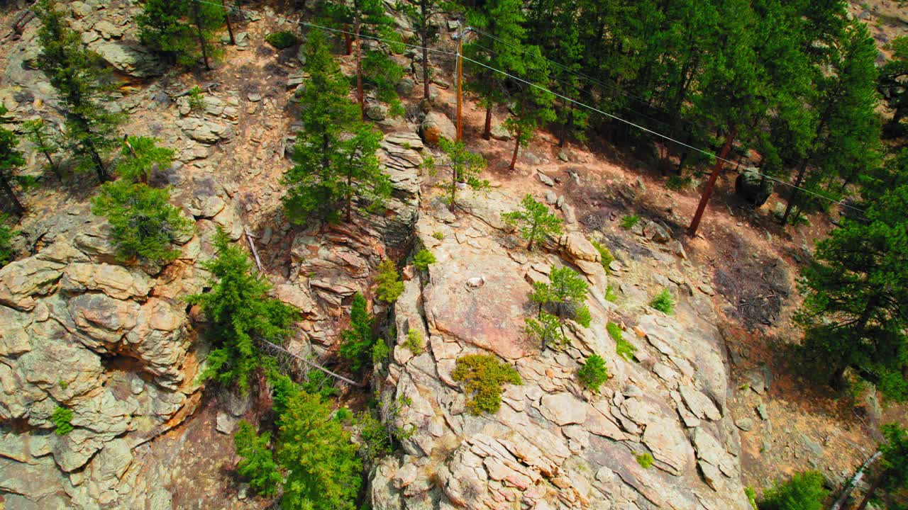 Mountain Goat Sitting On Large Rock Surrounded by Alpine Forest Landscape near Estes Colorado. Aerial Footage.