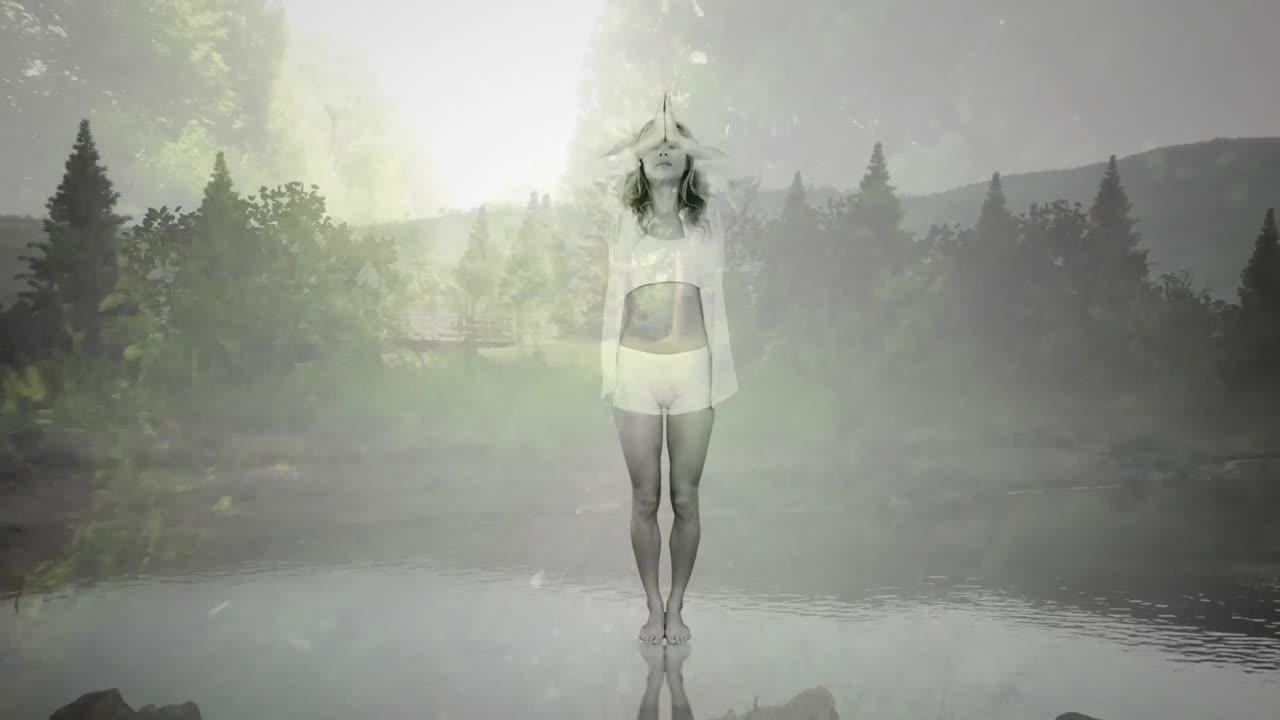 배경 에 있는 나무 들 에 대항 하여 요가 를 연습 하는 여자 위 에 반 ⁇ 이는 빛 의 애니메이션