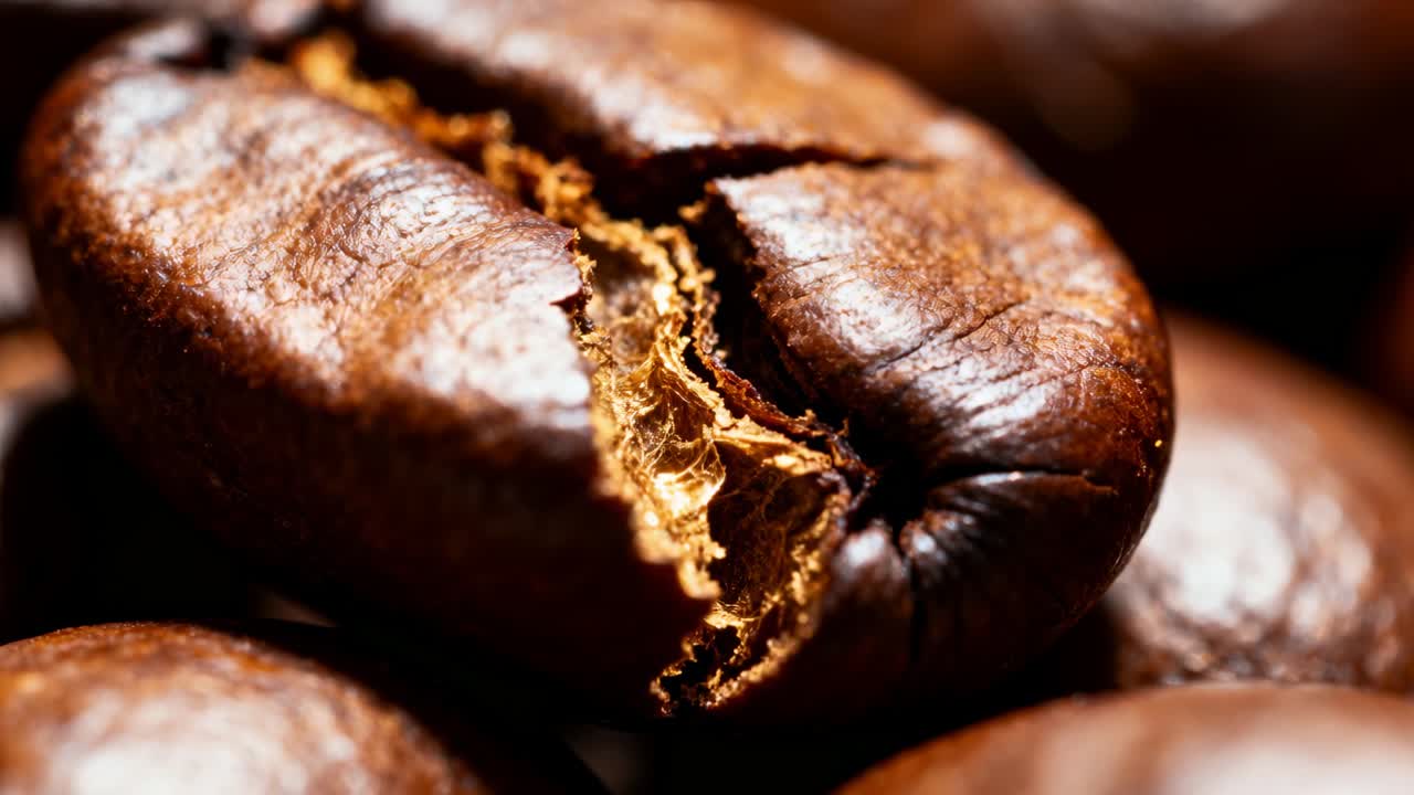 Ændrer kamerafokus i studie, afslører ristet kaffebønnes fibrøse søm, fremhæver ristningen.