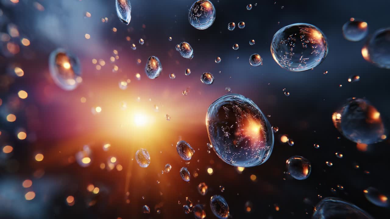 Captivating Visualization of Water Droplets in Motion Against a Vibrant Background, Showcasing Sparkling Effects and Light Reflections with an Enchanting Atmosphere of Depth and Colorful Illumination