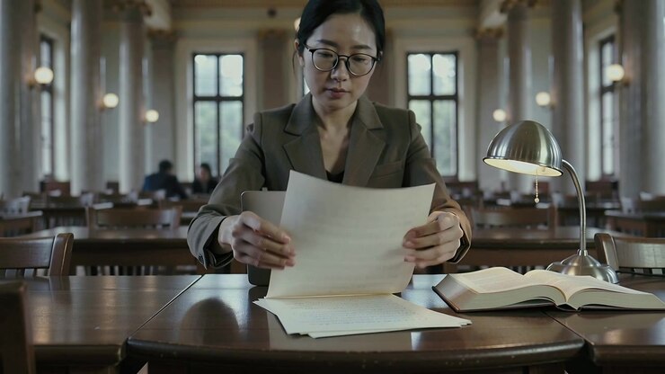 Picking up sheet, woman wearing glasses, dark blazer making neat pile at library, checking laptop