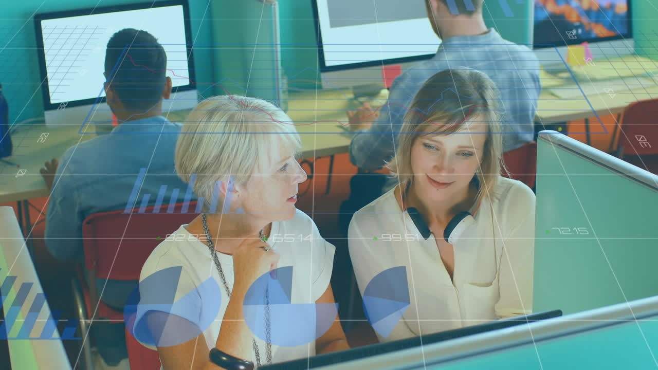 Animation of data processing over diverse business people talking in office