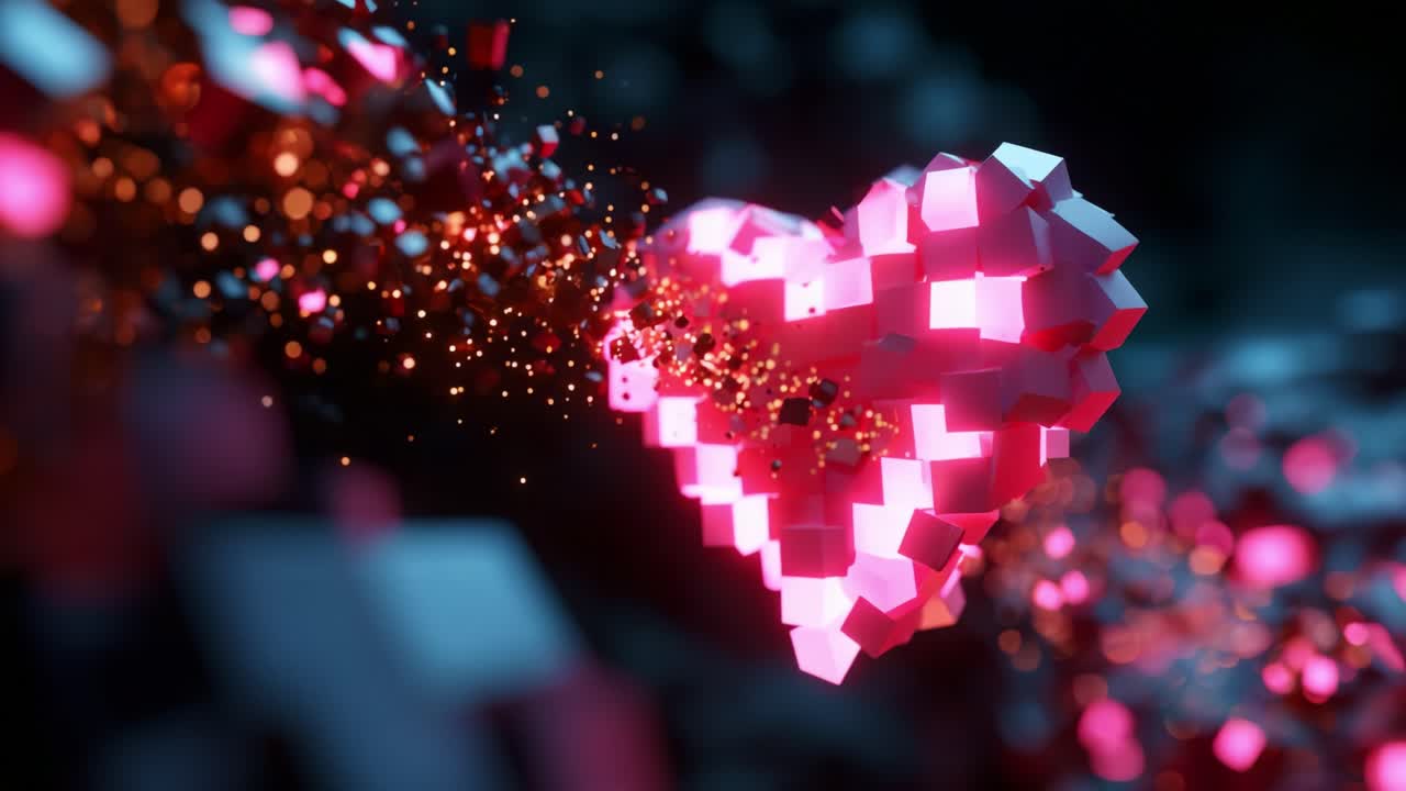A Stunningly Beautiful 3D Heart Made of Cubes and Sparkles, Where Each Element is a Unique Work of Art, Together Creating a Captivating Visual Experience That Evokes Feelings of Love and Connection