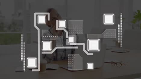 Animation of network of connection and data processing over businesswoman using computer
