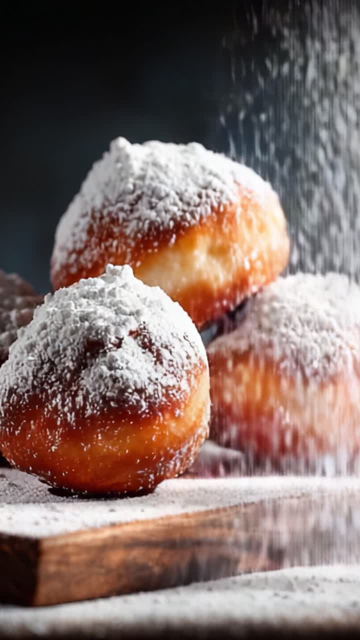 Bolca pudra şekeri serpilmiş, her türlü keyifli atıştırmalık veya tatlı anı için mükemmel, cazip bir tatlılık sunan lezzetli altın rengi donutlar.