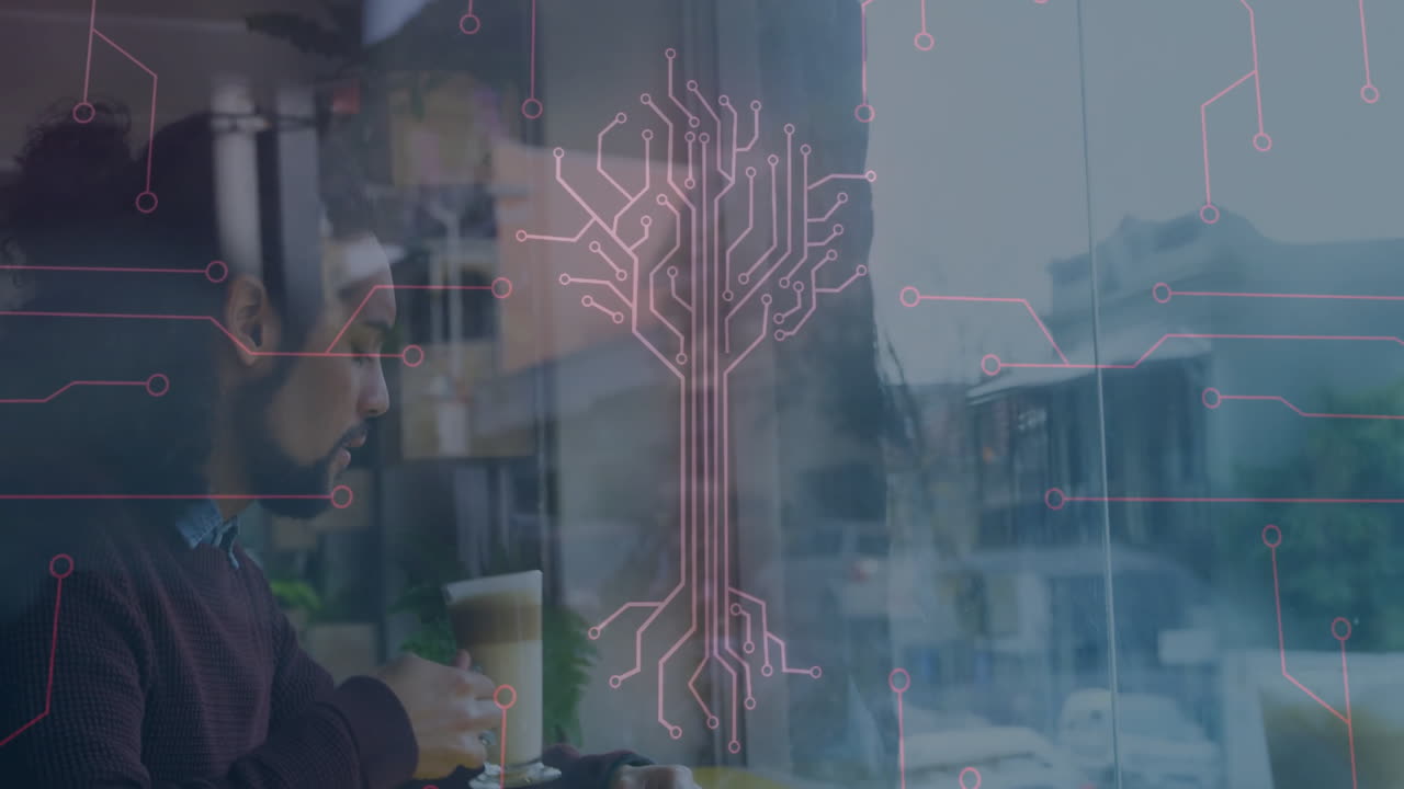 Man holding coffee with digital circuit tree animation over cityscape background
