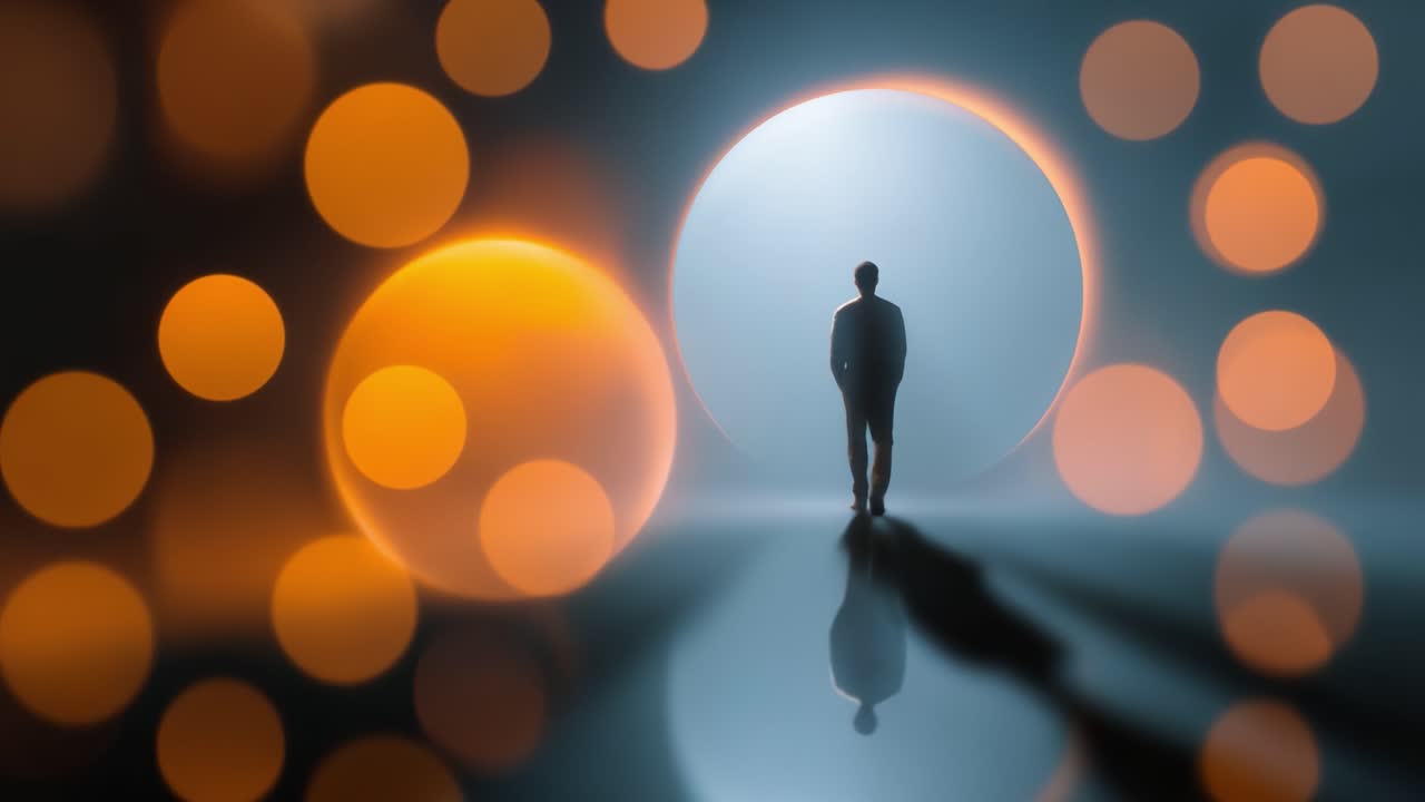 Viaggio etereo: una silhouette si erge tra sfere vivaci in un paesaggio surreale, esplorando le nozioni di luce, ombra e l'essenza dell'esistenza in un'ambientazione onirica