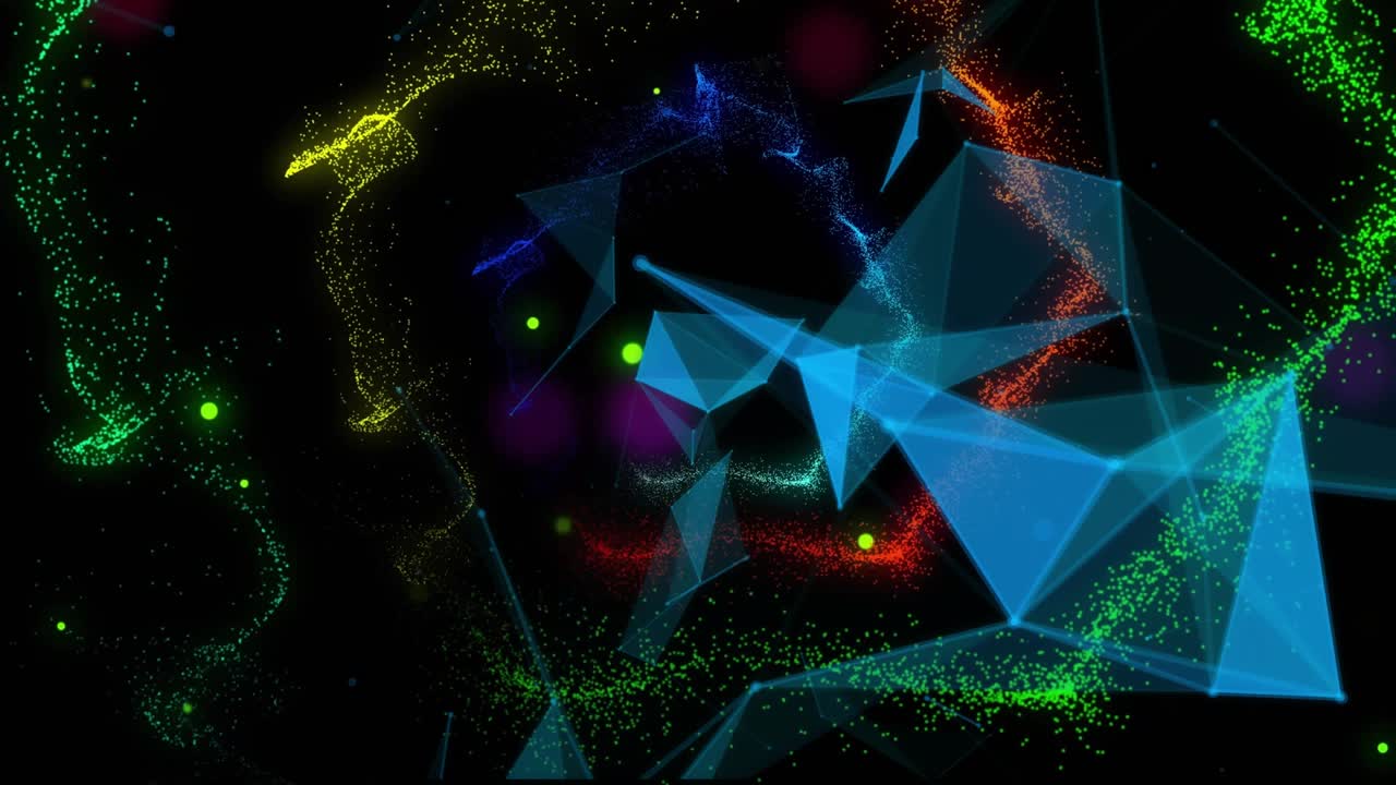 Cyan mesh of triangles drifting, arcs flashing from edges, facets merging, ribbons forming core