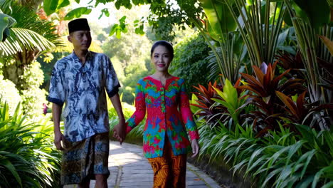 couple in traditional clothing walking in a tropical garden