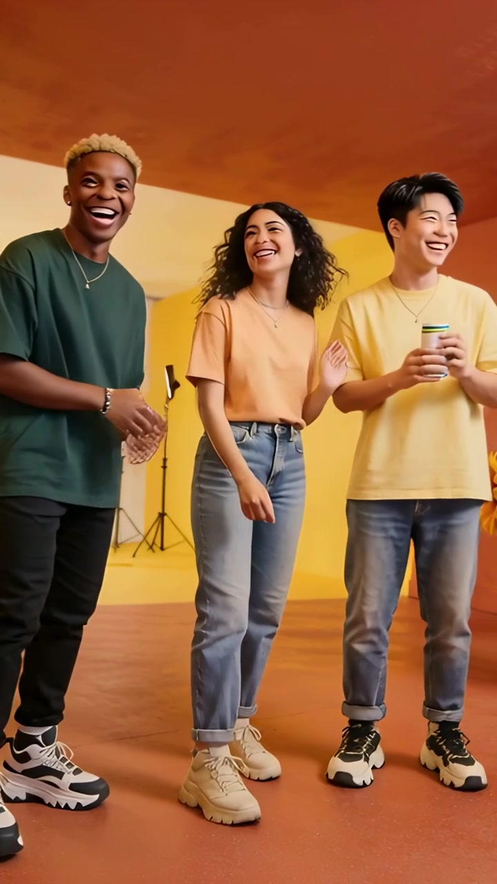 Video verticale: Trio in abiti casual che entra nell'inquadratura, camminando e ridendo durante uno scatto in studio