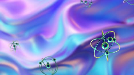 Animation-of-atom-models-spinning-over-multicoloured-vibrant-background