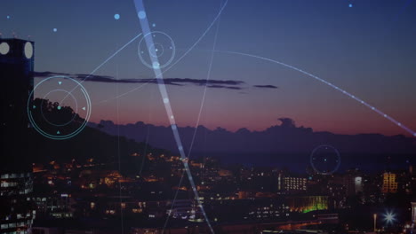 city skyline glowing under dusk sky, with floating hud reticles and curved trajectory lines