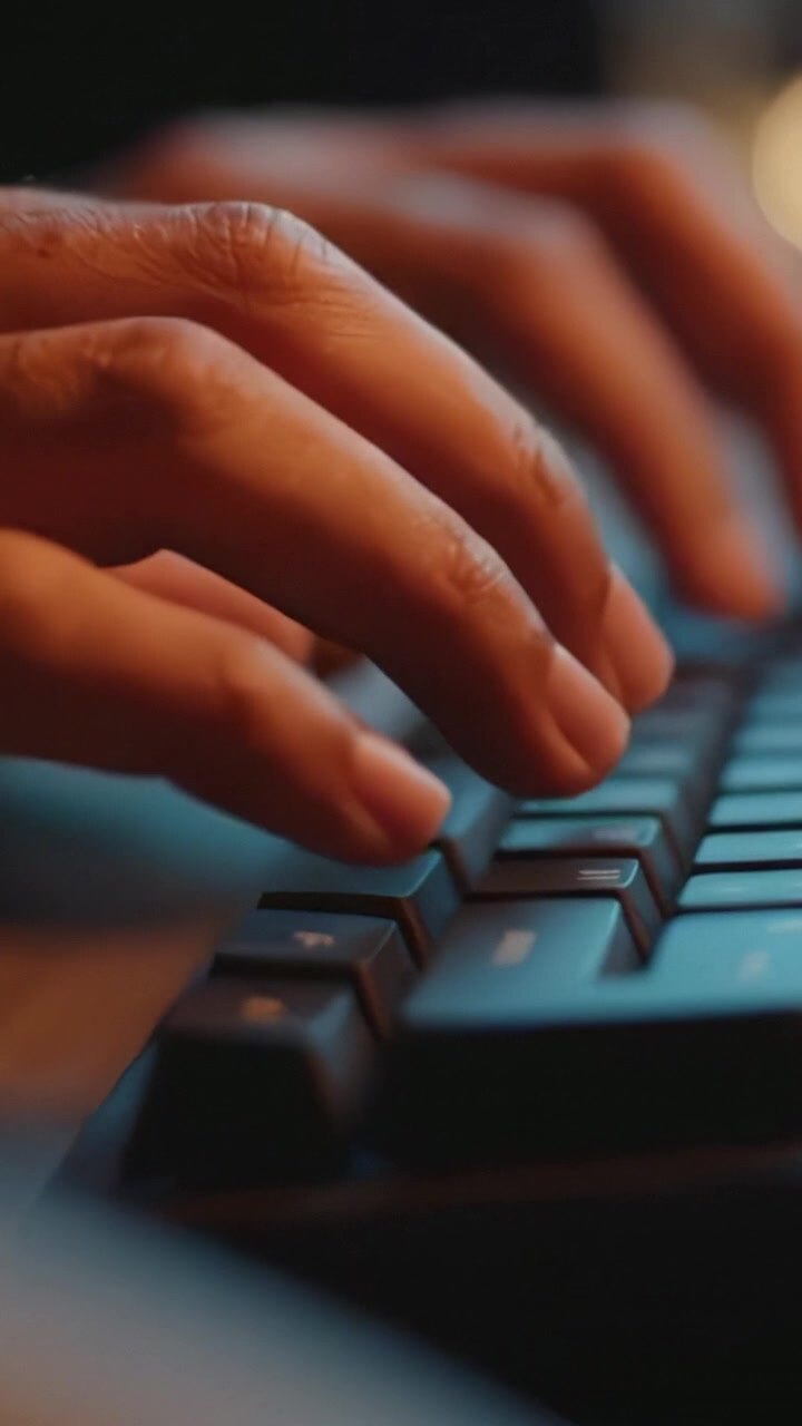 Nærbillede af hænder der taster på et tastatur, der indfanger intensiteten og fokusset i digital interaktion i et kreativt arbejdsområde.