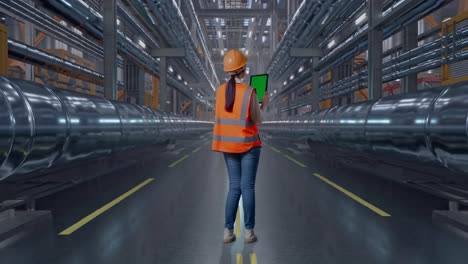 full body back view of asian female engineer with safety helmet working on a green screen tablet and looking around with metal pipes