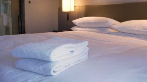 Housekeeper-is-putting-towel-on-the-bed-in-the-room