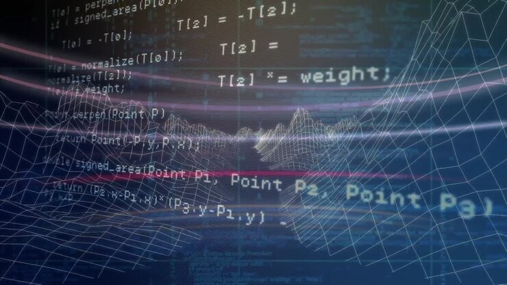 Animation of data processing over mountains on black background