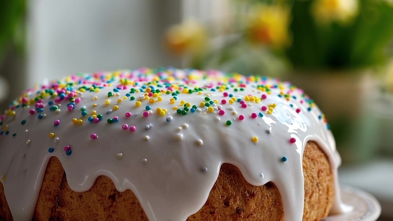 Primo piano di torta pasquale festiva con glassa e zuccherini