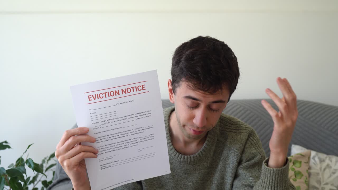 Sad caucasian man holding an eviction notice and looking stressed. Concept of being kicked out of your house