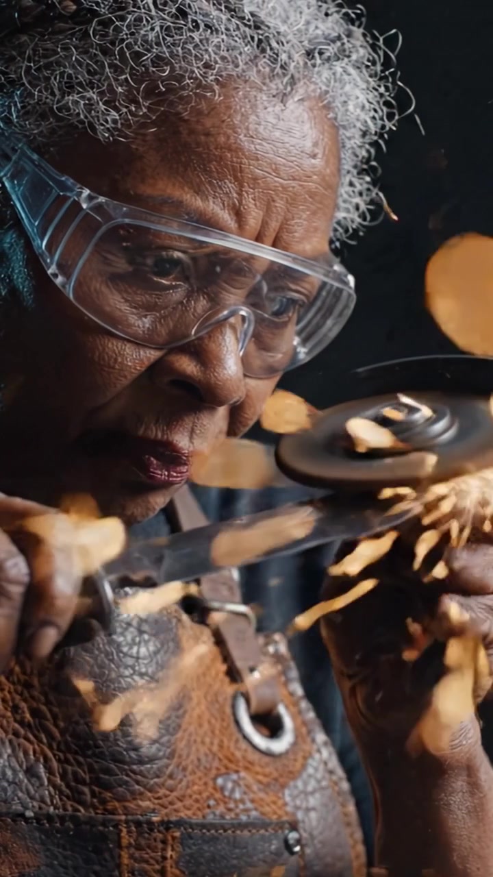 Skilled Artisan Sharpening Tools with Precision, Capturing Sparks and Focused Expression in a Workshop Environment, Spotlighting Craftsmanship and Dedication
