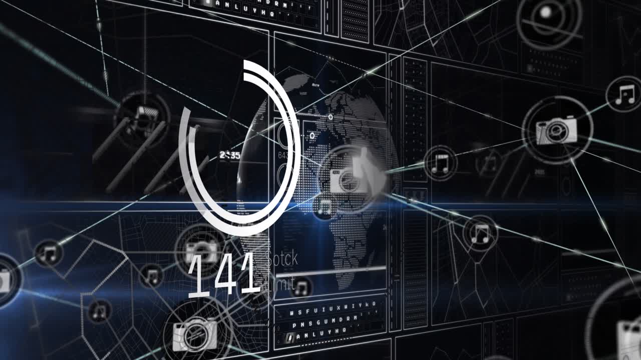 animación de la red de iconos digitales sobre la interfaz con el procesamiento de datos contra el globo giratorio