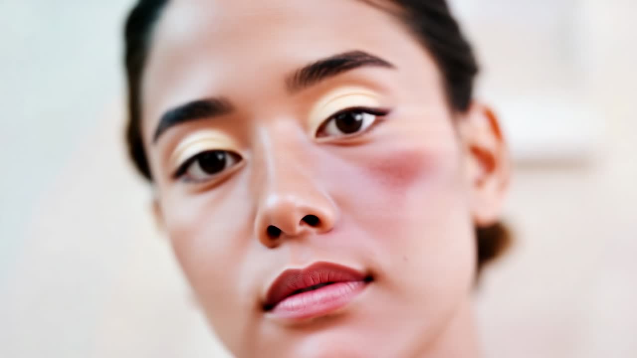 揺れるカメラが、部屋の中で白い瞼と頬のアザを見せる女性をはっきりとクローズアップで捉える。