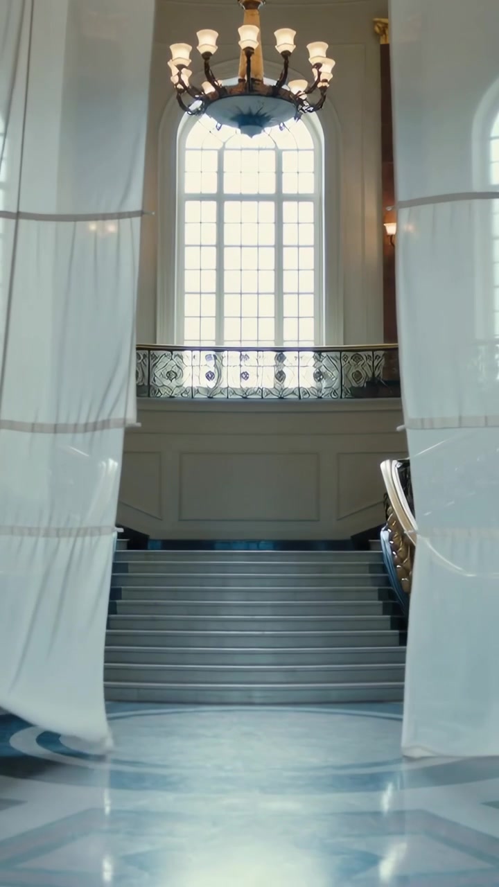 Video verticale: Pannelli bianchi che si aprono e si spostano di lato in una grande sala, struttura che rivela un lampadario