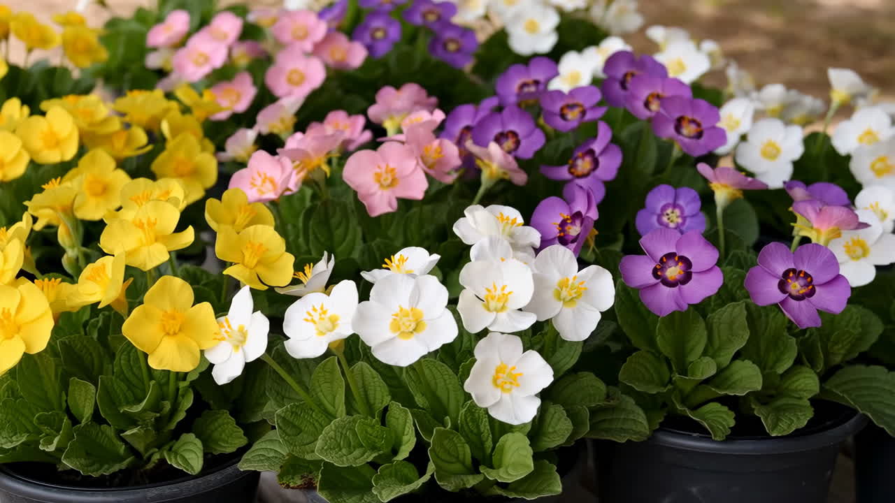 Flores de Prímula Coloridas em Vasos
