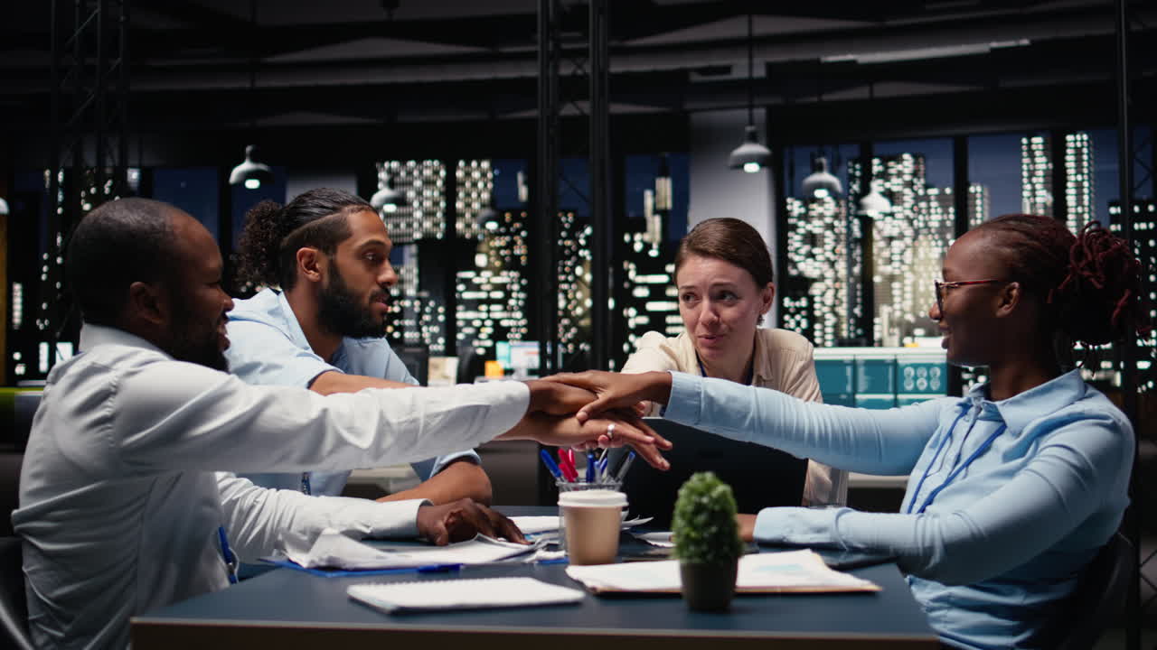 Diverse group of people uniting hands and celebrating a victory