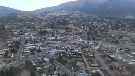 aerial view of the center of tafí del valle, a small tourist town in the tucumán mountains, argentina, captured on a winter day