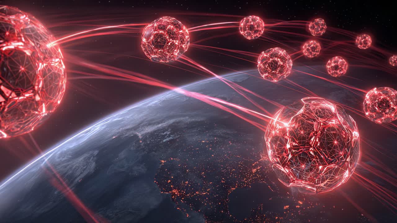 Abstract futuristic red network connection concept with glowing nodes orbiting Earth, representing global communication, blockchain technology, or an artificial intelligence grid over North America