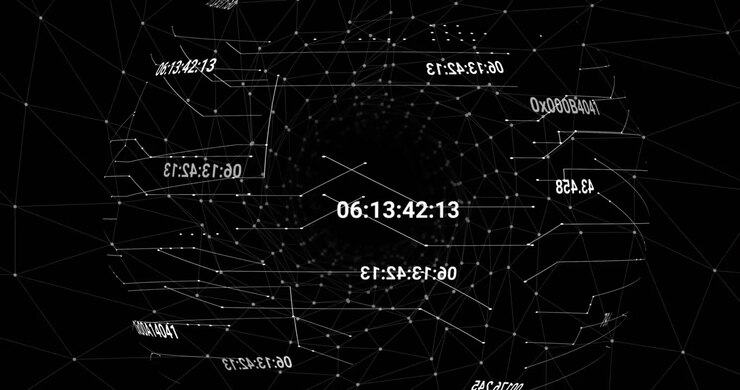 Animation of data processing and globe over black background