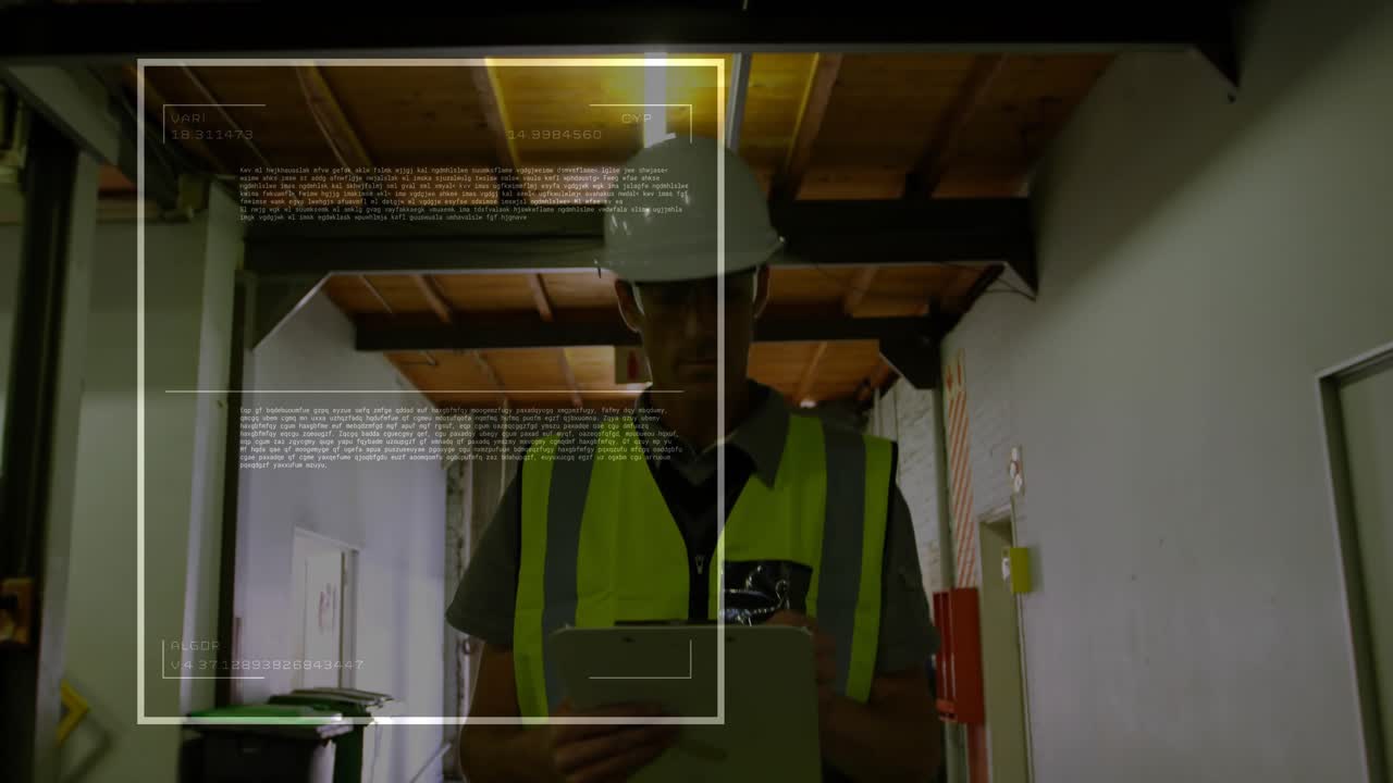 Male worker tapping tablet in warehouse, generating translucent HUD and logging inspection data